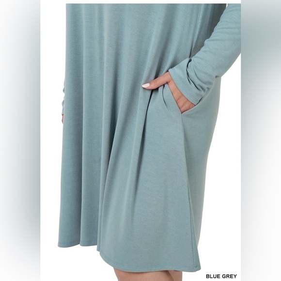 Zenana Long Sleeve Jersey Swing T-Shirt Dress with Side Pockets Dusty Teal XL - Picture 4 of 9